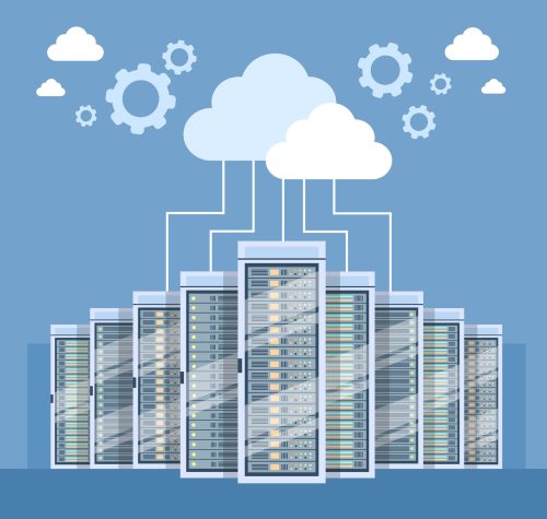 Data Center Cloud Connection Hosting Server Computer Information Database Synchronize Technology Flat Vector Illustration